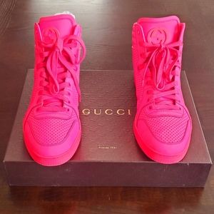 Gucci Neon Pink Leather Interlocking G High Top Sneakers